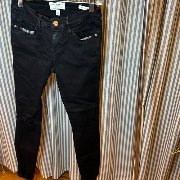 Frame Demin Mid Rise Le Skinny de Jeanne Distressed Black Denim Jean Size 24 - Picture 2 of 15